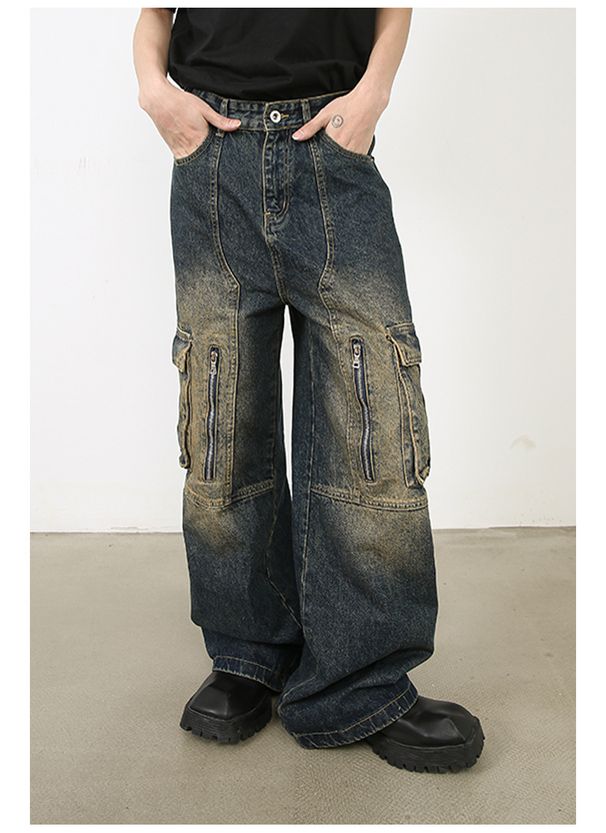 Retro Patchwork Zipper Workwear Style Multi-pocket Loose Washed Denim Jeans Trendy_mkmklike.com