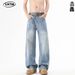 LKTM Men's Light Blue Washed Whiskered Jeans American Style Cleanfit Straight Leg Casual Loose Pants mid Waist Slight Stretch_mkmklike.com