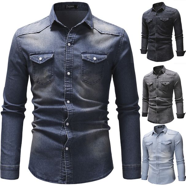 Pulse SKU: 3011 - New Retro European And American Simple Long Sleeve Denim Shirt For Men, Plus Size M-3XL_mkmklike.com