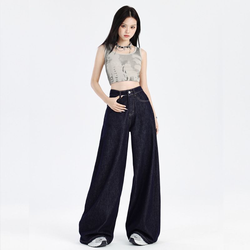 Women's Dark Blue High Waist Straight Leg Jeans - Non-Fade Stretch Denim Wide Leg Pants For Fall, Trendy Streetwear & Casual Outfits_mkmklike.com