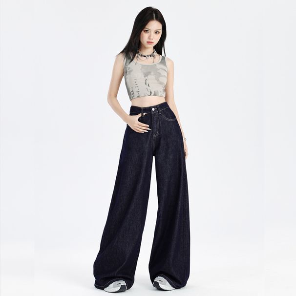 Women's Dark Blue High Waist Straight Leg Jeans - Non-Fade Stretch Denim Wide Leg Pants For Fall, Trendy Streetwear & Casual Outfits_mkmklike.com