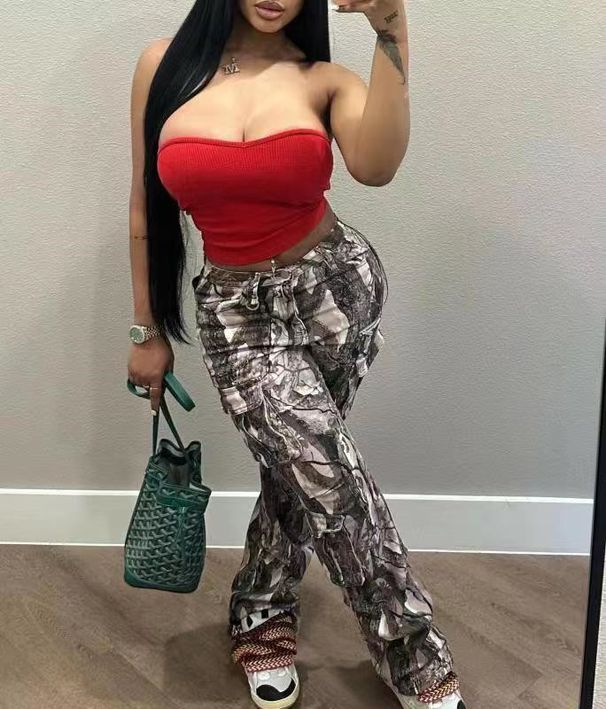 Women's Clothing Fashion Casual Loose Straight High Waist Stacked Bag Multi Color Trousers_mkmklike.com