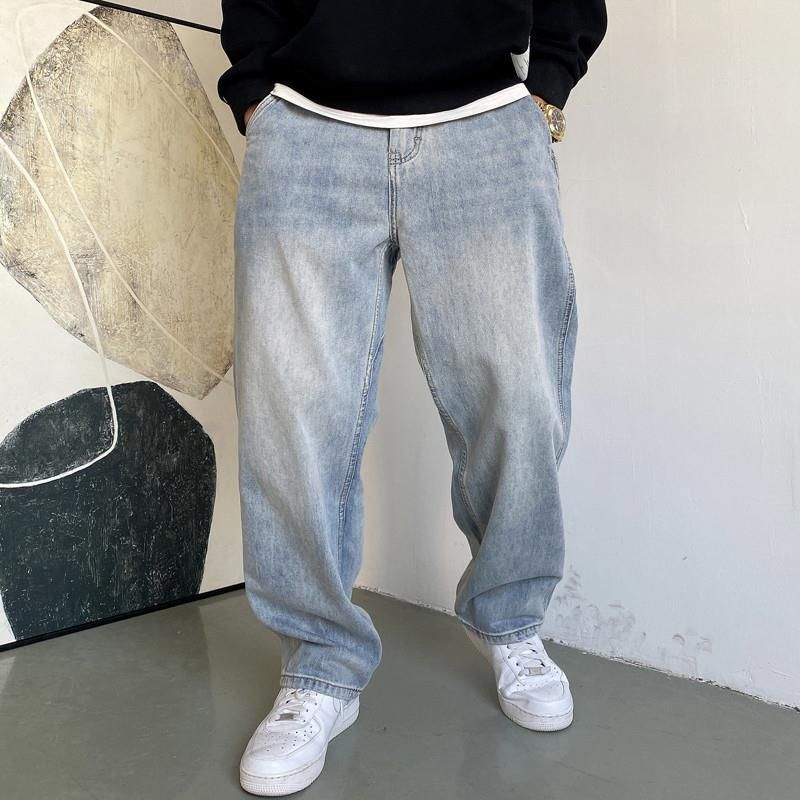Men's Light Blue Relaxed Fit Straight Leg Jeans - Vintage Washed American Casual Loose Denim Pants For Big & Tall_mkmklike.com
