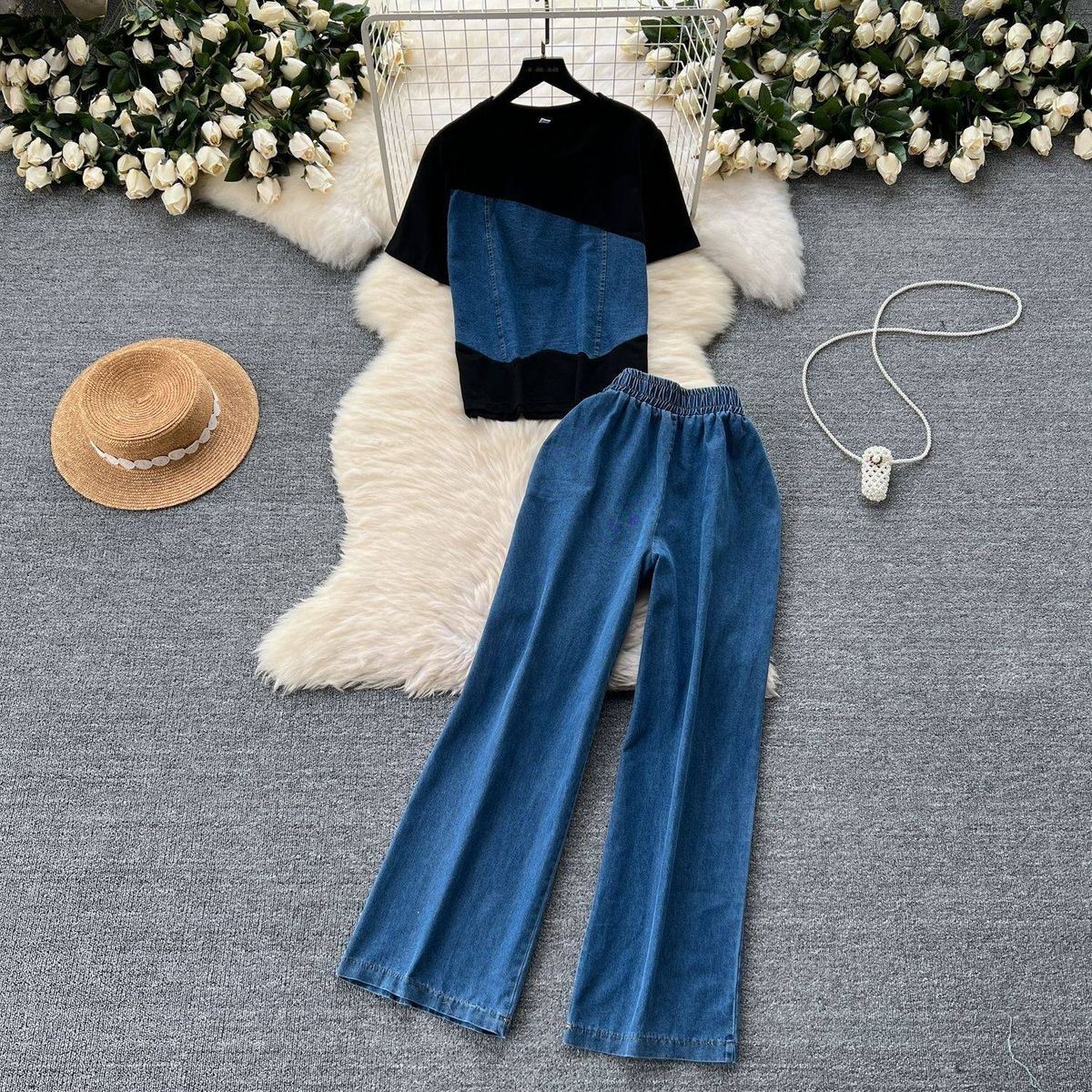 Women's Clothing Retro Design, Versatile Contrast Color Short Sleeved T Shirt Top, High Waist Casual Jeans_mkmklike.com