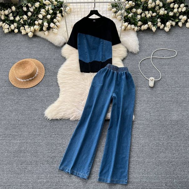 Women's Clothing Retro Design, Versatile Contrast Color Short Sleeved T Shirt Top, High Waist Casual Jeans_mkmklike.com