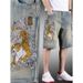Men's Chinese Tiger Embroidered Denim Shorts – Loose Fit Distressed Cargo Shorts With Vintage Style_mkmklike.com