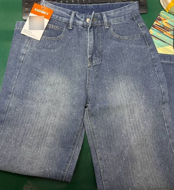 Glitter Rhinestone Wide-Leg Jeans For Women - Sparkly Blue Distressed Denim Palazzo Pants (XS-XXL)_mkmklike.com