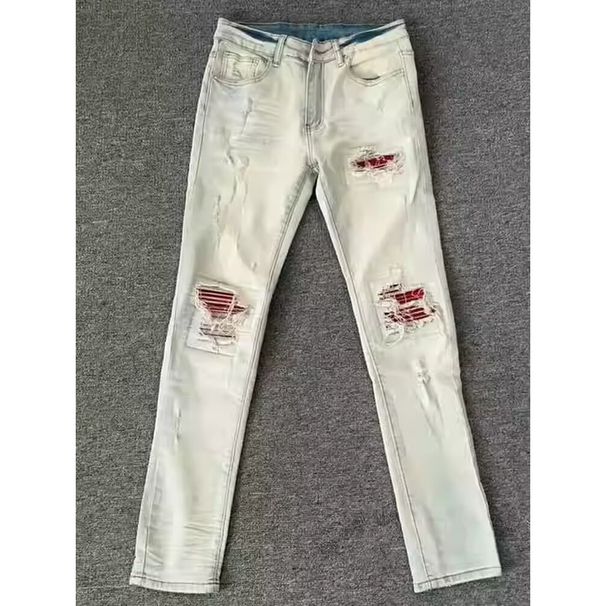 Men's Distressed Denim Jeans With Rhinestone & Patch Details – Slim Straight Leg Stretch Jeans For Streetwear_mkmklike.com