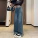 Women's Clothing High-Waisted Wide Leg Jeans Color-Block Pockets Loose Fitting Straight Leg Frayed Edges Petite Floor-Length Design_mkmklike.com