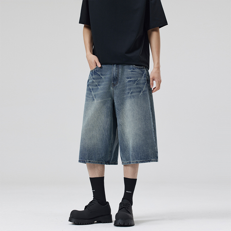 2025 2025 Summer American Lightning Crack Black Grey Jeans Men's Straight Tube Loose Wide Leg Shorts Y2k Street Hip Hop Sevens_mkmklike.com