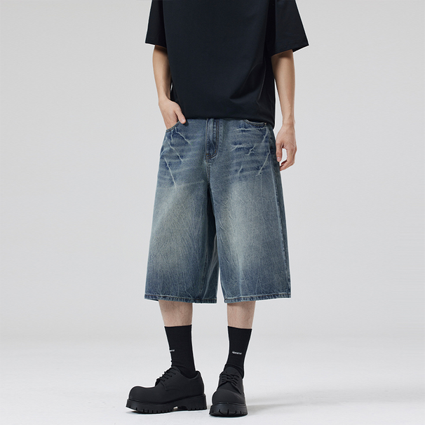 2025 2025 Summer American Lightning Crack Black Grey Jeans Men's Straight Tube Loose Wide Leg Shorts Y2k Street Hip Hop Sevens_mkmklike.com