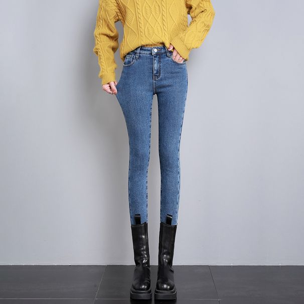 High Waist Fleece-Lined Jeans For Women - Winter Warm Stretch Skinny Pants With Vintage Wash (Blue Grey & Retro, Regular & Cropped Length)_mkmklike.com