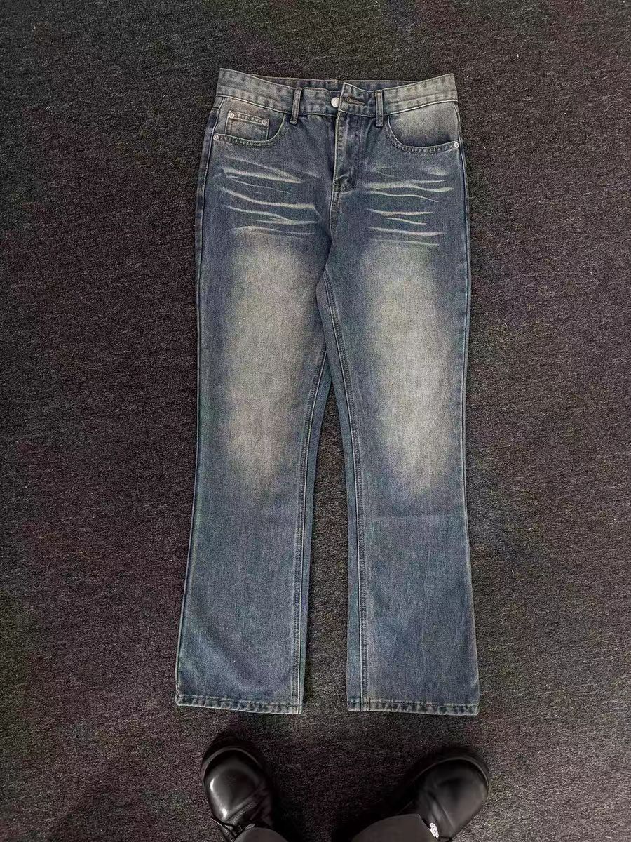 Men's Clothing Nostalgic Dark Blue Vintage High Street Slightly Flared Snowflake Washed Old Cleanfit Style Vibe_mkmklike.com