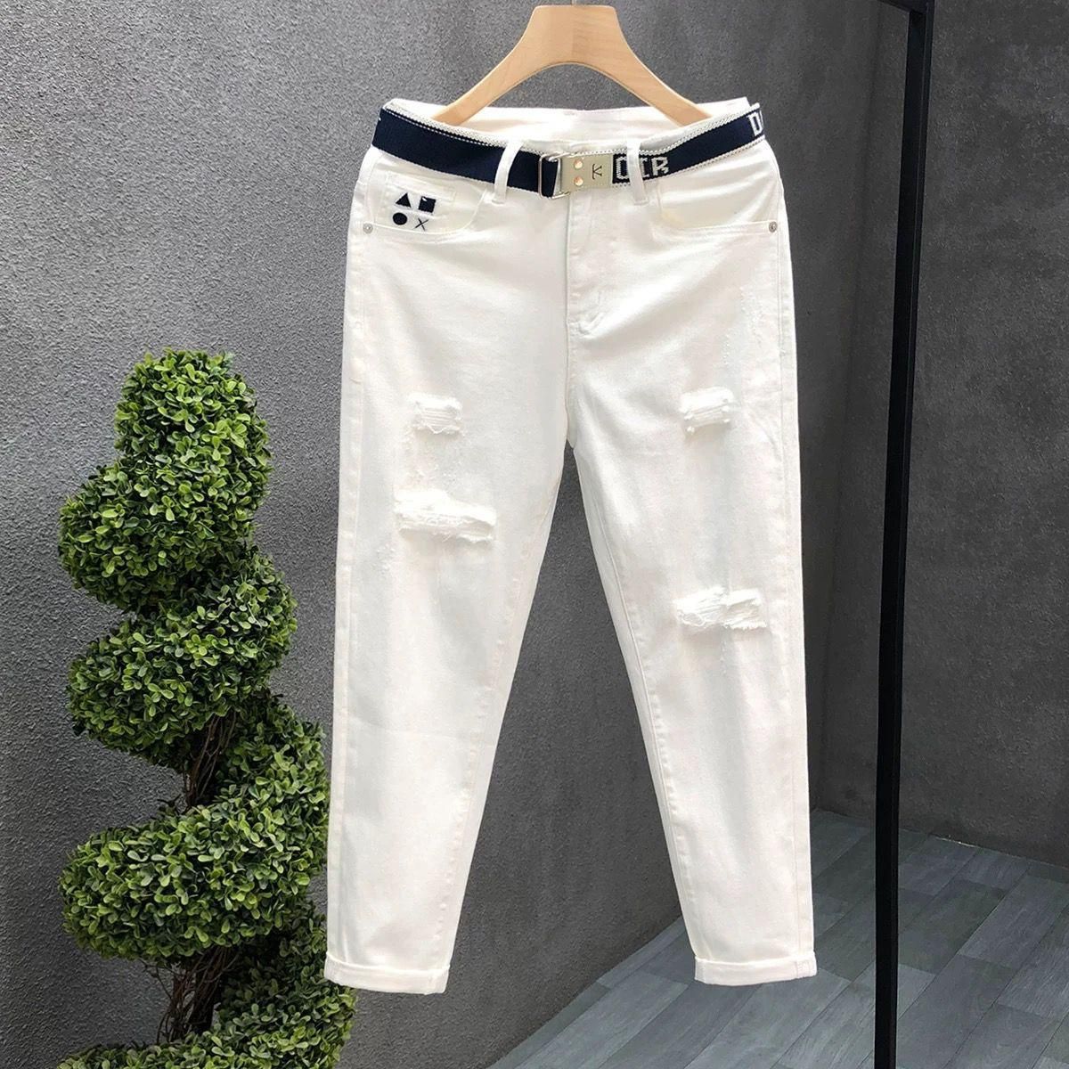 Men's Clothing Rogue White Ripped Jeans Trendy Nine Point Pants Summer Thin Slim Fit Pants_mkmklike.com