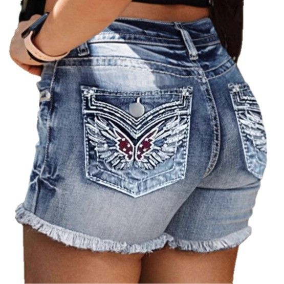 Women's Clothing Summer New Style Back Pocket Exquisite Embroidery Design Washed Denim Shorts_mkmklike.com