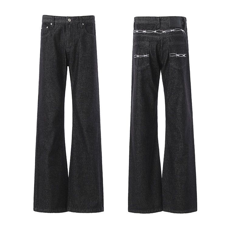 Men's Straight Leg Loose Fit Black Raw Denim Jeans High Street Style Thorn Embroidery Trendy Flared Pants_mkmklike.com