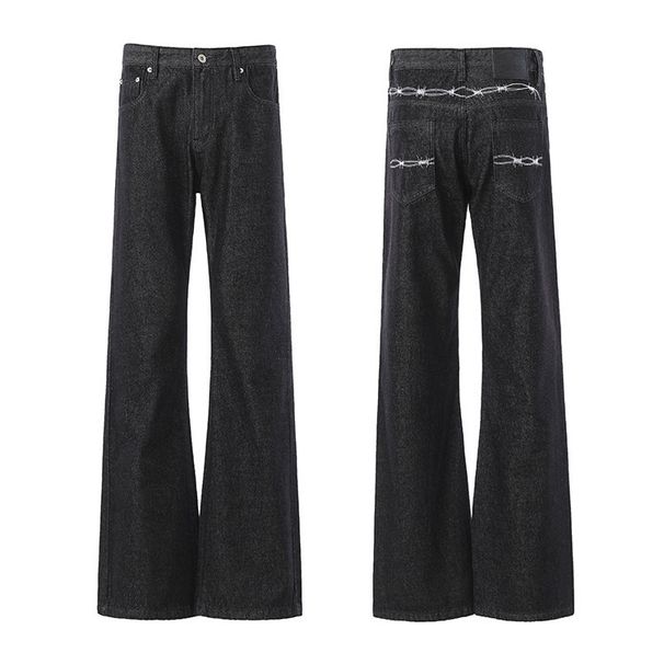 Men's Straight Leg Loose Fit Black Raw Denim Jeans High Street Style Thorn Embroidery Trendy Flared Pants_mkmklike.com