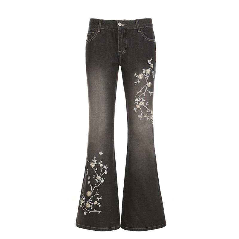 Vintage Floral Embroidered Low-Rise Jeans – Distressed Washed Straight-Leg Flared Denim Pants_mkmklike.com