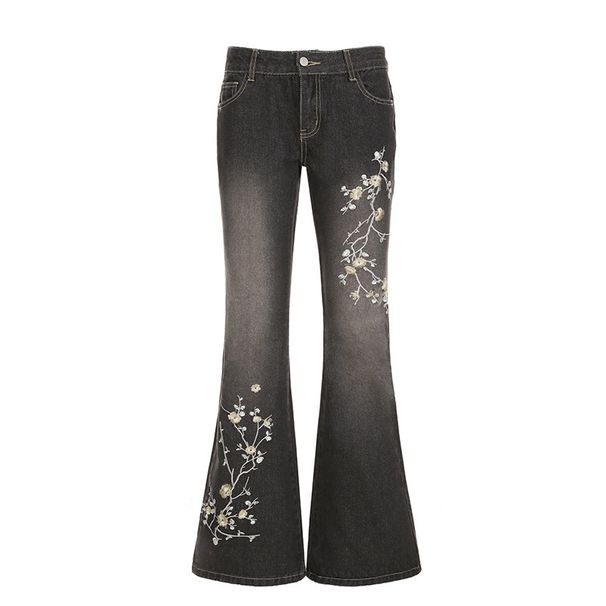 Vintage Floral Embroidered Low-Rise Jeans – Distressed Washed Straight-Leg Flared Denim Pants_mkmklike.com