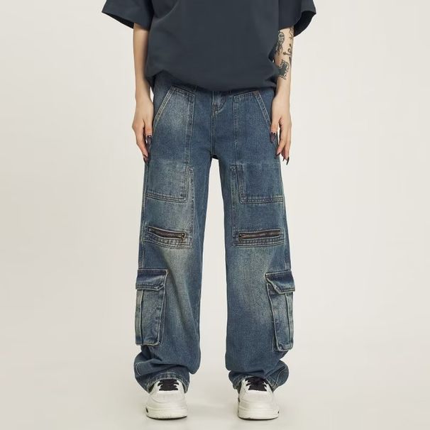 Men's Multi-pocket Cargo Jeans Loose Niche Straight Leg Wide Leg Retro Washed Jeans_mkmklike.com