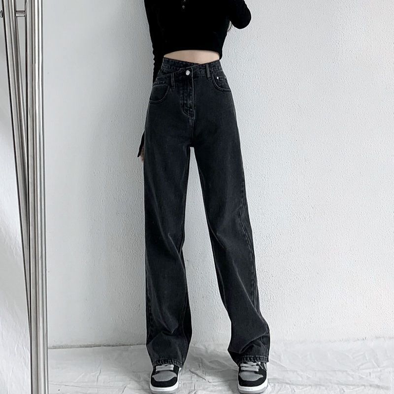 Women's Clothing High-Waisted Straight Leg Jeans Slimming Crossover Design Floor-Length Wide Leg Trousers Loose Fit Summer Style Denim_mkmklike.com