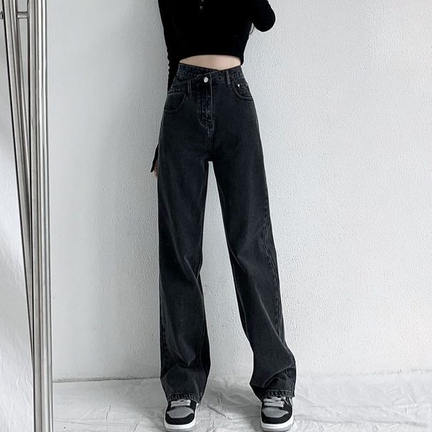 Women's Clothing High-Waisted Straight Leg Jeans Slimming Crossover Design Floor-Length Wide Leg Trousers Loose Fit Summer Style Denim_mkmklike.com