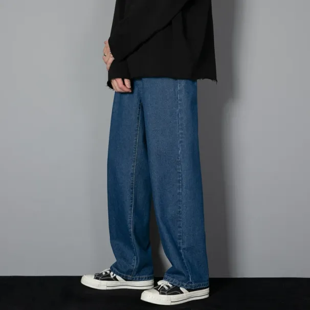 New Korean Men's Casual Long Jeans Classic Straight Denim Wide Leg Pants Solid Color Baggy Male Student Trousers_mkmklike.com