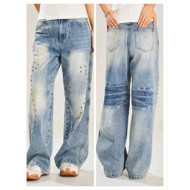 Retro American Heavyweight Twill Print Rhinestone Jeans Loose Fitting Wide Leg Drape Pants For Men And Women Spring Autumn Style_mkmklike.com