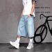 Men's Vintage Washed Denim Shorts - Relaxed Fit Straight Leg Summer Casual Shorts With Star Print_mkmklike.com