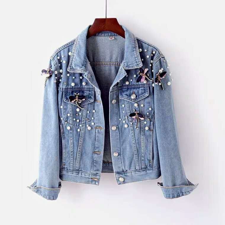 Embroidered Denim Jacket For Women – Korean Style Loose Fit With Blue Dragonfly Beaded Pockets (S-2XL, Weight Recommendations Included)_mkmklike.com