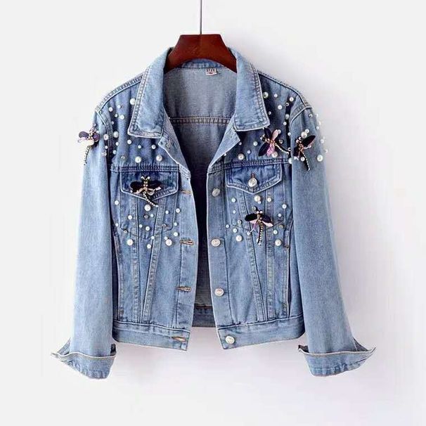 Embroidered Denim Jacket For Women – Korean Style Loose Fit With Blue Dragonfly Beaded Pockets (S-2XL, Weight Recommendations Included)_mkmklike.com