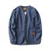 Vintage Washed Denim Jacket Men's Casual Oversized Open Front Coat With Patch Pockets_mkmklike.com