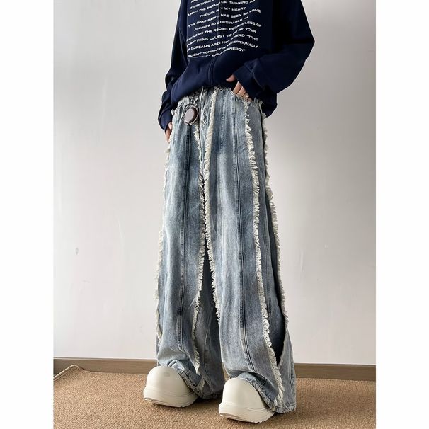Men’s Deconstructed Patchwork Jeans – Frayed Hem, Tassel Details, Slightly Flared Wide Leg & Floor-Length Fit_mkmklike.com