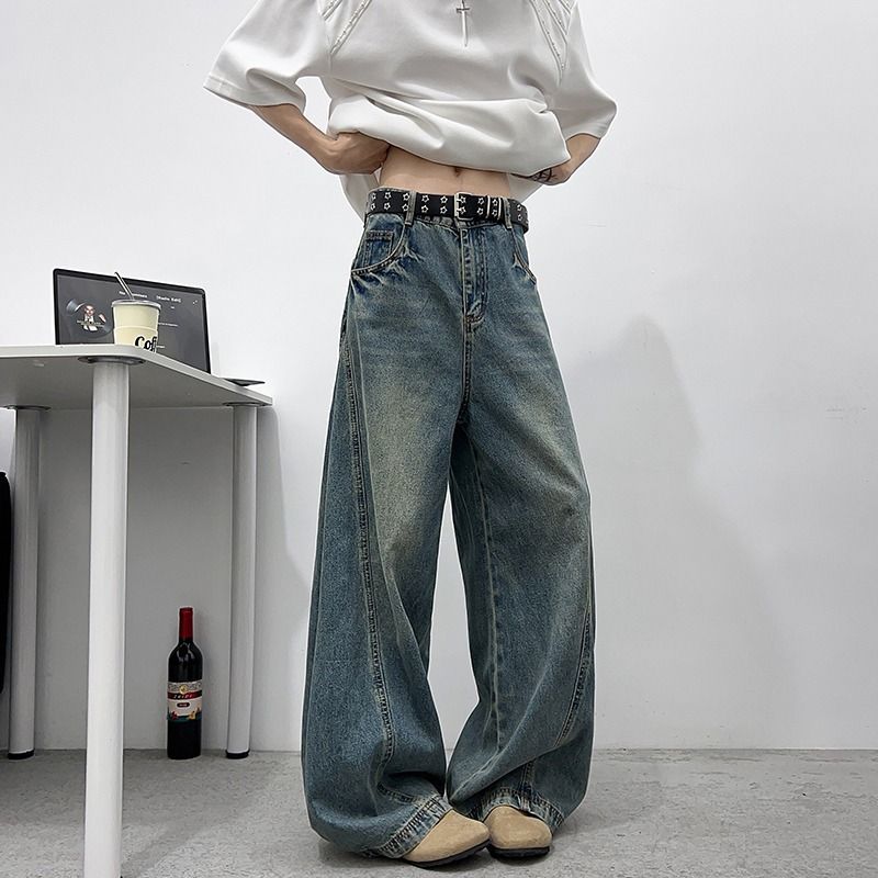 Men's Clothing Deconstructed Patchwork Jeans Wide Leg Curved Straight Leg Floor Length Trousers For Men And Women_mkmklike.com