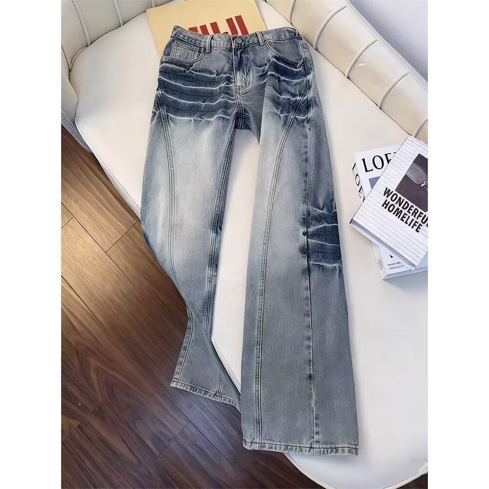 Men's Straight Leg Jeans With Angled Lightning Bolt Design, Vintage Washed Trousers For High Street Vibe_mkmklike.com