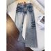 Men's Straight Leg Jeans With Angled Lightning Bolt Design, Vintage Washed Trousers For High Street Vibe_mkmklike.com