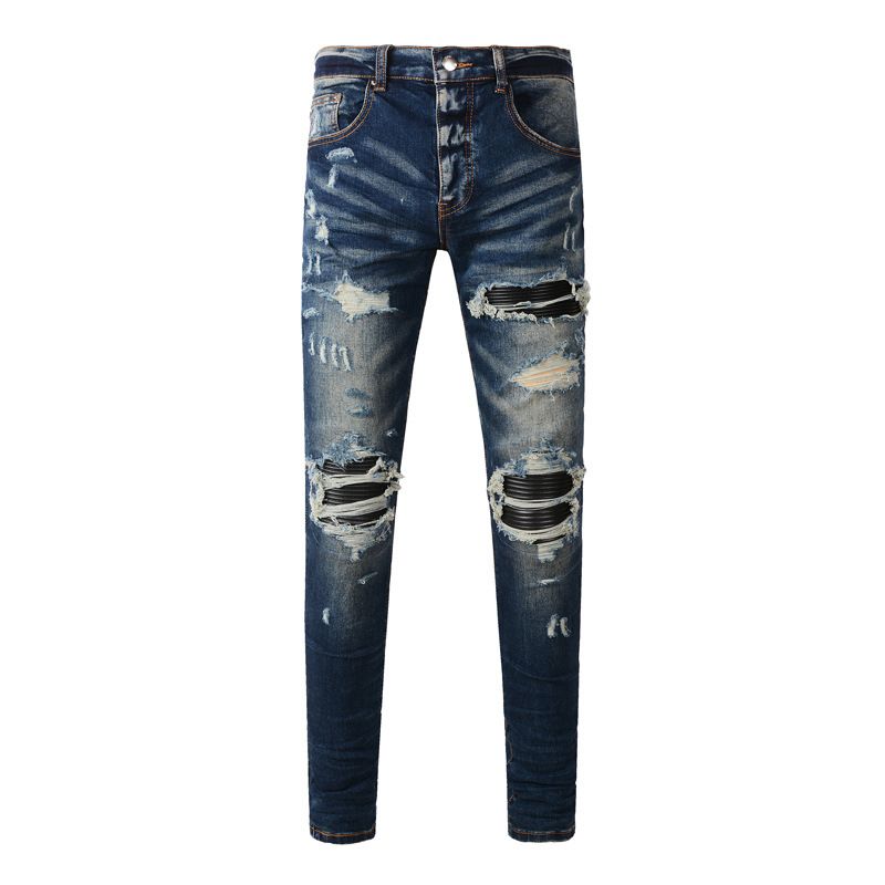 Men's Retro Distressed Washed Blue Jeans Street Style Leather Patchwork Hip Hop Tight Stretch Skinny Fit_mkmklike.com