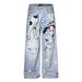 Men's Loose Wide Leg Jeans Retro High Street Style Trendy Cartoon Dog Print Design Casual Denim Pants_mkmklike.com