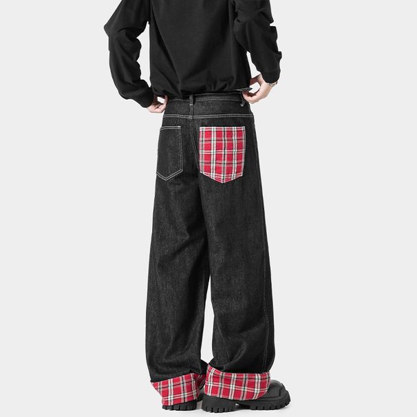 American Retro Washed Denim Jeans For Men, 2025 Summer New Style, Cuffed Plaid Patchwork, Loose Straight Casual Pants_mkmklike.com