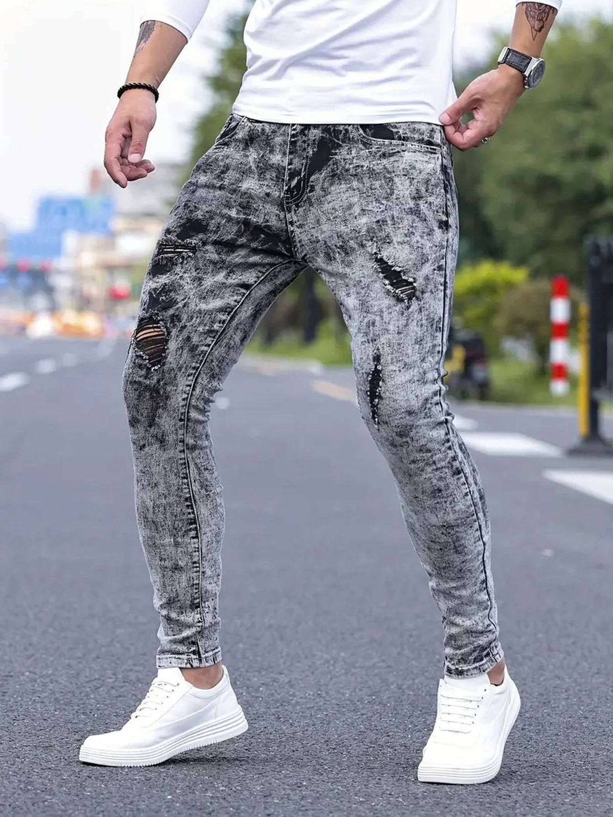 Men's Slim Straight Stretch Jeans - Distressed Black & Grey Denim Pants For Casual Wear - High Waist Comfort Fit - Vintage Style_mkmklike.com