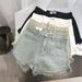 Women's High-Waisted A-Line Denim Shorts Summer American Style Hot Girl Loose Fit Slimming Wide Leg Frayed Hem Hot Pants_mkmklike.com