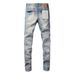 Unisex Y2K Stacked Flared Jeans, Light Blue Mud Fade, White Splatter & Multi-Layer Frayed Rips, Breathable Summer_mkmklike.com