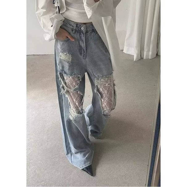"Women's Relaxed Fit Distressed Straight Leg Jeans – High Waist Wide Leg Pants With Ripped Details For Casual & Streetwear"_mkmklike.com