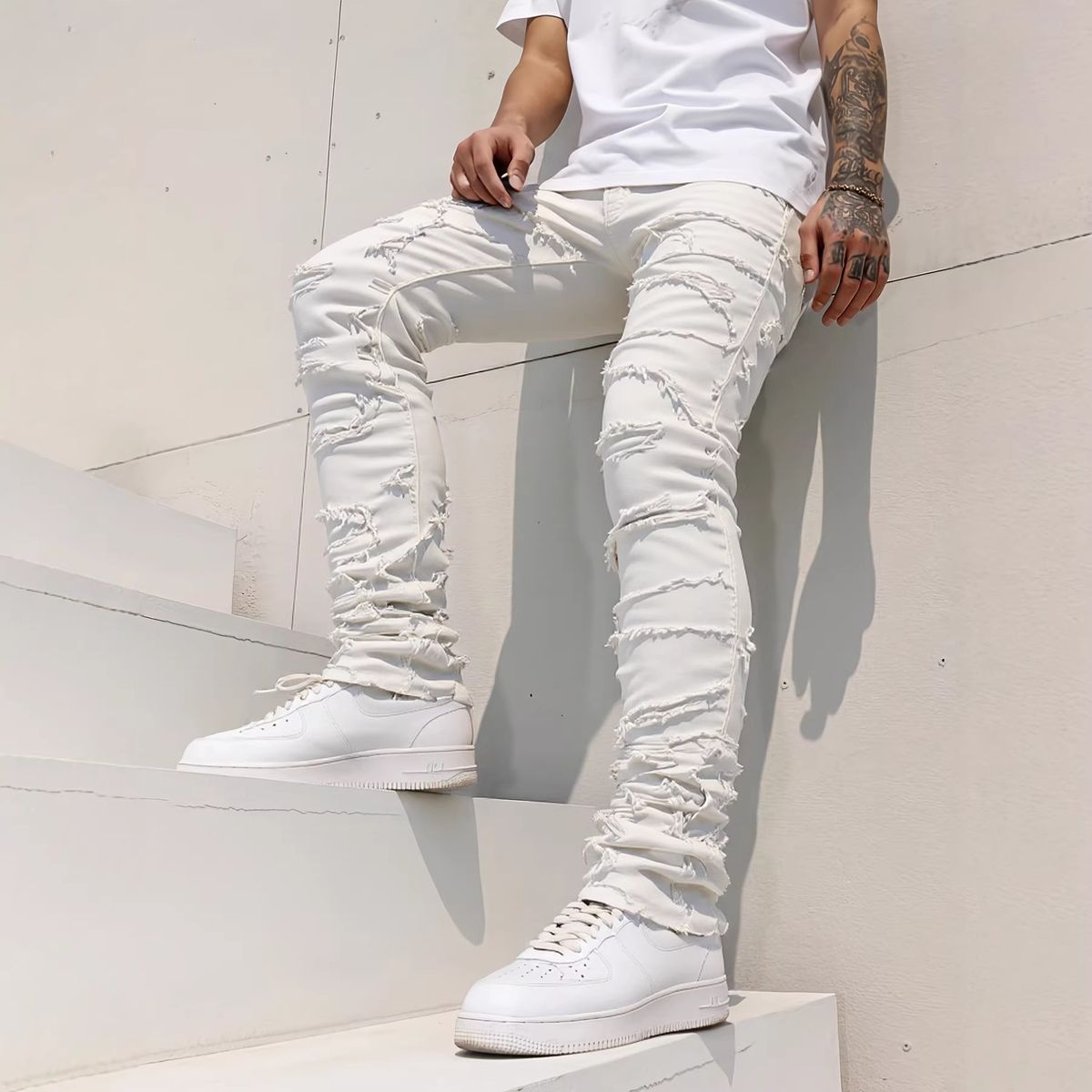 Men's Slim Fit Straight Leg Jeans High Street Style Stretch Patchwork Heavy Duty Personalized American Trendy Black Blue_mkmklike.com