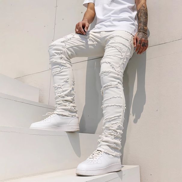 Men's Slim Fit Straight Leg Jeans High Street Style Stretch Patchwork Heavy Duty Personalized American Trendy Black Blue_mkmklike.com