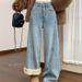 Clair Autumn Winter Fleece Lined Thickened Scimitar Wide Leg Jeans For Women High Waist Slimming Straight Floor-Length Pants_mkmklike.com