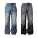 American Retro Dark Blue Lightning Cracked Jeans For Men And Women Loose Wide Leg Pants Washed Straight Flared Pants_mkmklike.com