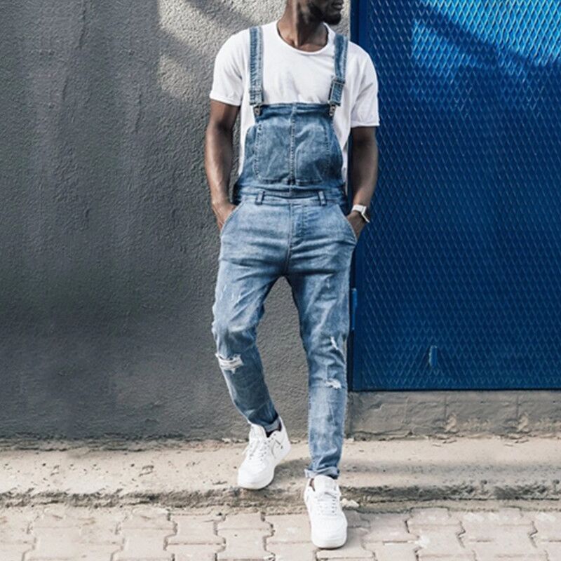 Men's Distressed Overalls - Vintage Washed Denim Bib Overalls With Ripped Details & Adjustable Straps (S-Xxxl, Slim Fit, Retro Streetwear)_mkmklike.com