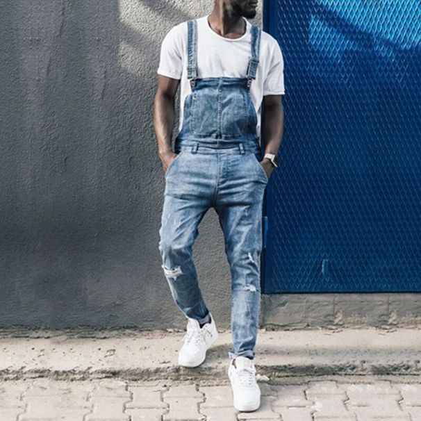 Men's Distressed Overalls - Vintage Washed Denim Bib Overalls With Ripped Details & Adjustable Straps (S-Xxxl, Slim Fit, Retro Streetwear)_mkmklike.com