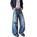 Vintage Washed Denim Jeans – Distressed Patchwork & Wide-Leg Fit (S-XXXL) | 90s Retro Streetwear For Men & Women_mkmklike.com